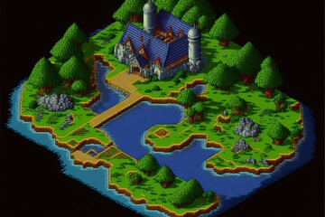 Pixel art fantasy RPG game map, isometric map top view, background in retro style for 8 bit game, Generative AI