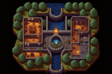 Pixel art fantasy RPG game map, top view, background in retro style for 8 bit game, Generative AI

