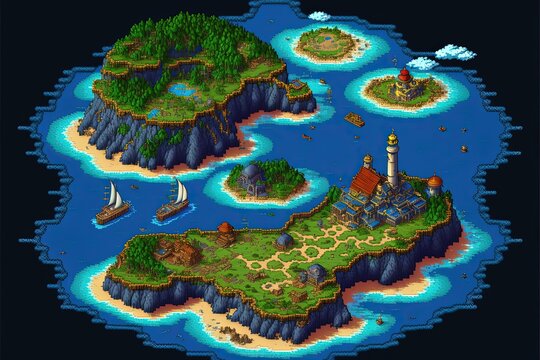 Pixel Art Fantasy RPG Game Map, Isometric Map Top View, Background In Retro Style For 8 Bit Game, Generative AI