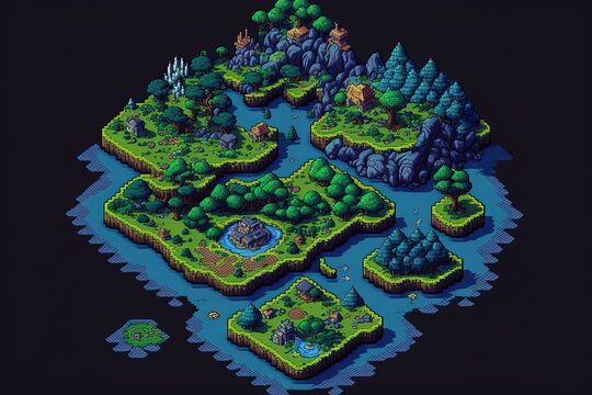 Pixel art fantasy RPG game map, isometric map top view, background in retro style for 8 bit game, Generative AI