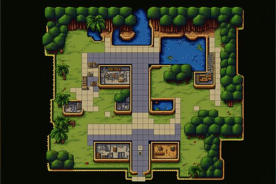 Pixel art fantasy RPG game map, top view, background in retro style for 8 bit game, Generative AI
