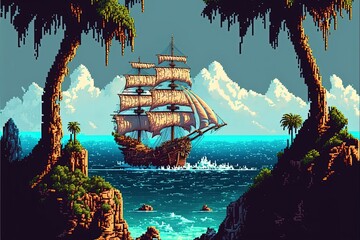 Obraz premium Pixel art pirate ship sailing near the island, background in retro style for 8 bit game, Generative AI