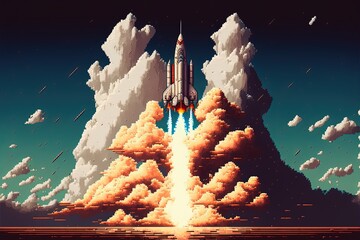 Pixel art rocket taking off in sky with clouds, background in retro style for 8 bit game, Generative AI