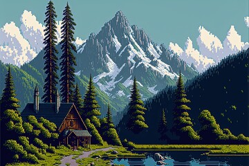 Pixel art of Swiss landscapes with house, pine trees, lake and mountains, background in retro style for 8 bit game, Generative AI