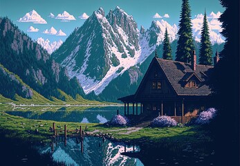 Obraz premium Pixel art of Swiss landscapes with house, pine trees, lake and mountains, background in retro style for 8 bit game, Generative AI