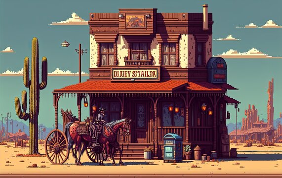 Pixel art wild west town building, wild west city background in retro style for 8 bit game, Generative AI