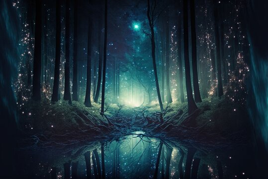 magic woods with a mysterious glow at night Generative AI