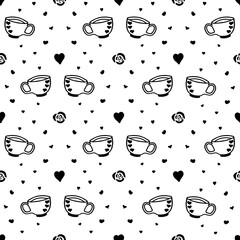 Hand drawn vintage tea cup seamless pattern decorated with hearts, roses. Doodle Coffee Mugs seamless pattern. Black on white background.