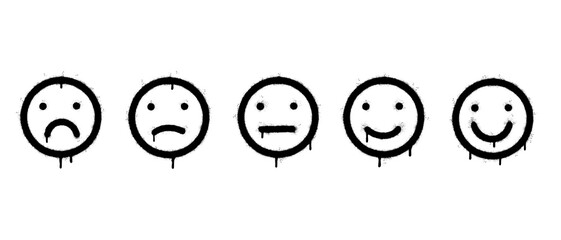Spray Painted Graffiti Feedback in form of emotions Sprayed isolated with a white background. graffiti Customer feedback. Excellent, good, normal, bad, awful with over spray in black over white.