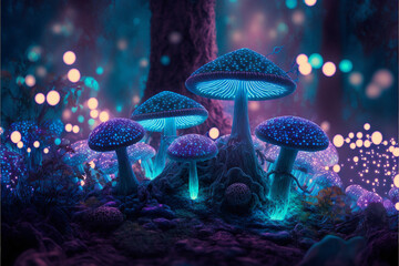 Fototapeta na wymiar Psychedelic glowing mushrooms in a dark magic forest with twinkling lights. Generative AI