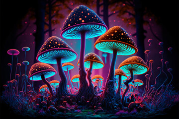 Psychedelic glowing mushrooms in a dark magic forest with twinkling lights. Generative AI