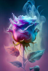 Fototapeta premium Beautiful Valentine rose flower with a soft fairy tale fog and smoke. Abstract romantic blue and purple rose flower.