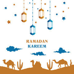 Ramadan kareem dessert scenery background vector with camel an others