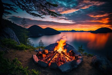 Naklejka premium Comfortable Campfire in the Rocky Mountains Generative AI