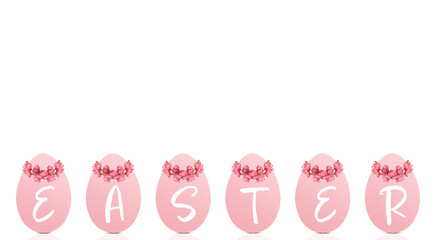 Row of pink Easter eggs with flower blossom crowns and word Easter 