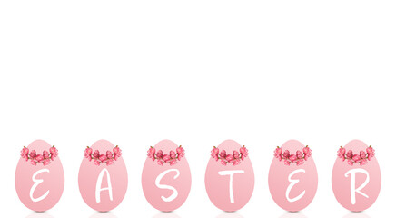 Row of pink Easter eggs with flower blossom crowns and word Easter 