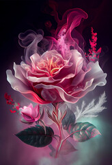 Beautiful Valentine rose flower with a soft fairy tale fog and smoke. Abstract romantic red rose flower.
