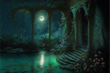 Lush Secret Garden with Water, Pond, River at Night with Full Moon, Archway