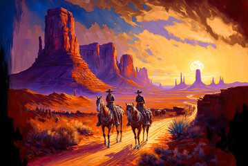 Two cowboys in the Old West. Generative AI