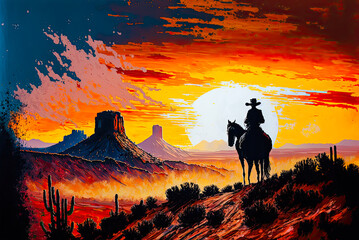 Silhouette of cowboy against the sun, Old West, copyspace. Generative AI