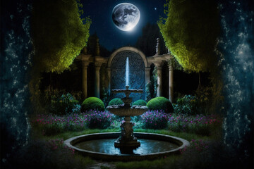 Lush Secret Garden with Fountain at Night with Full Moon