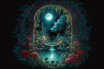 Obraz premium Lush Secret Garden with Fountain at Night with Full Moon