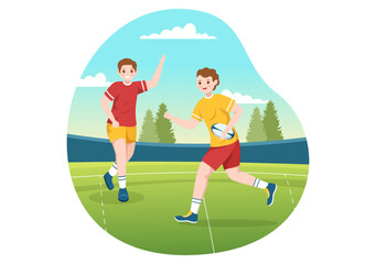 Fototapeta premium Rugby Player Running Illustration with a Ball in Championship Sport for Web Banner or Landing Page in Flat Cartoon Hand Drawn Templates