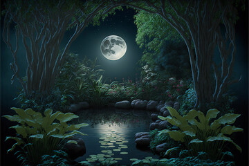 Obraz na płótnie Canvas Lush Secret Garden with Water, Pond, River at Night with Full Moon, Archway