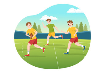 Rugby Player Running Illustration with a Ball in Championship Sport for Web Banner or Landing Page in Flat Cartoon Hand Drawn Templates