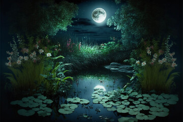 Obraz na płótnie Canvas Lush Secret Garden with Water, Pond, River, Full Moon at Night