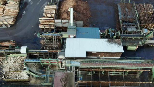 The Cutting Edge of Log Processing: Aerial View of the Journey of a Log from Forest to Finished Product at a Sawmill in Germany