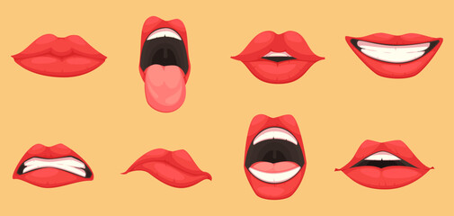 Cute woman mouth set. Woman emotions, girl mouth with red lips icon set. Flat vector style