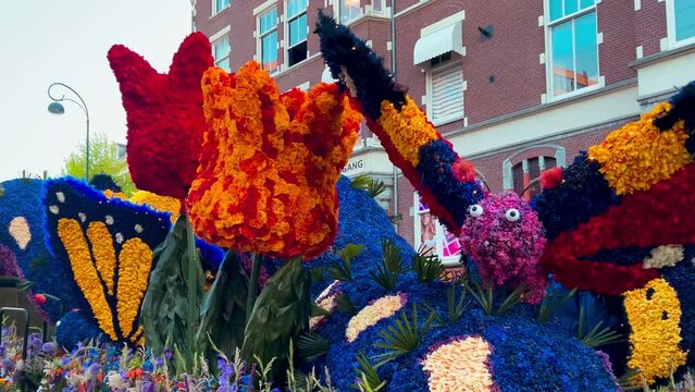 Platforms decorated with flowers on Bloemencorso Bollenstreek Flower Parade Keukenhof, Haarlem, the Netherlands, 24 April 2022. High quality 4k footage