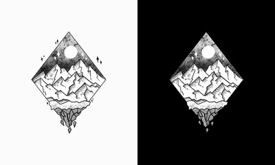 Hand Drawn High Mountain and Diamond illustration, Vector engraving art illustration in diamond shape with mountain, moon and star