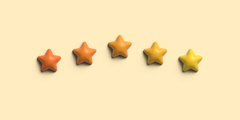 Five stars, glossy yellow colors. Customer rating feedback concept from the client about employee...