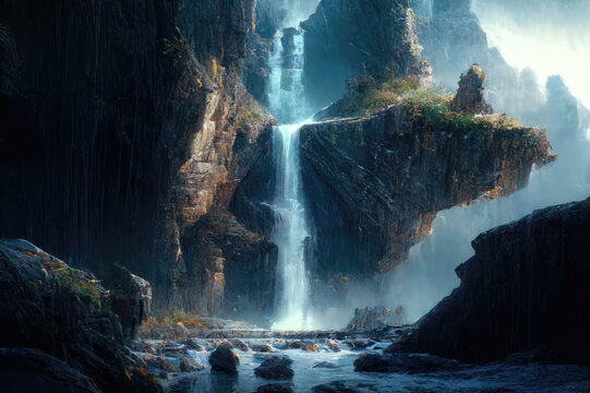 A waterfall cascading down a rocky cliff. AI Generated © Fantasy JBF