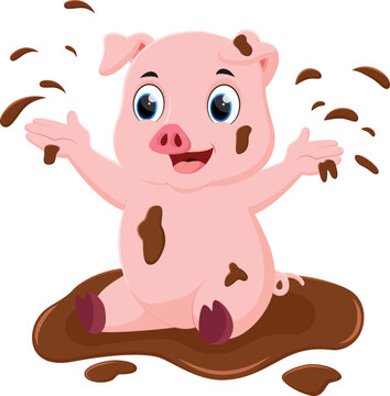 Cartoon cute pig playing mud