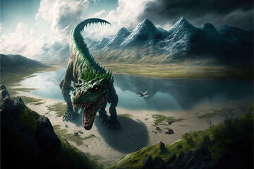 green tyrannosaurus rex in valley with mountains and lake