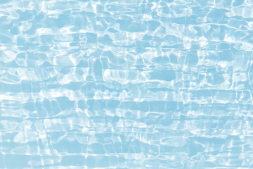 Defocus blurred transparent blue colored clear calm water surface texture with splashes and bubbles. Trendy abstract nature background. Water waves in sunlight with caustics. Blue water shinning 