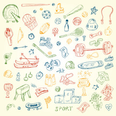 Sports. Vector Set of sports equipment. Hand Drawn Doodles Vector illustration.