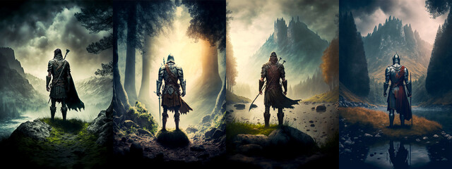Natural landscape, warrior, battle, wilderness, mountain, digital illustration set, AI generated