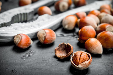 Hazelnuts in a shell with a Nutcracker.