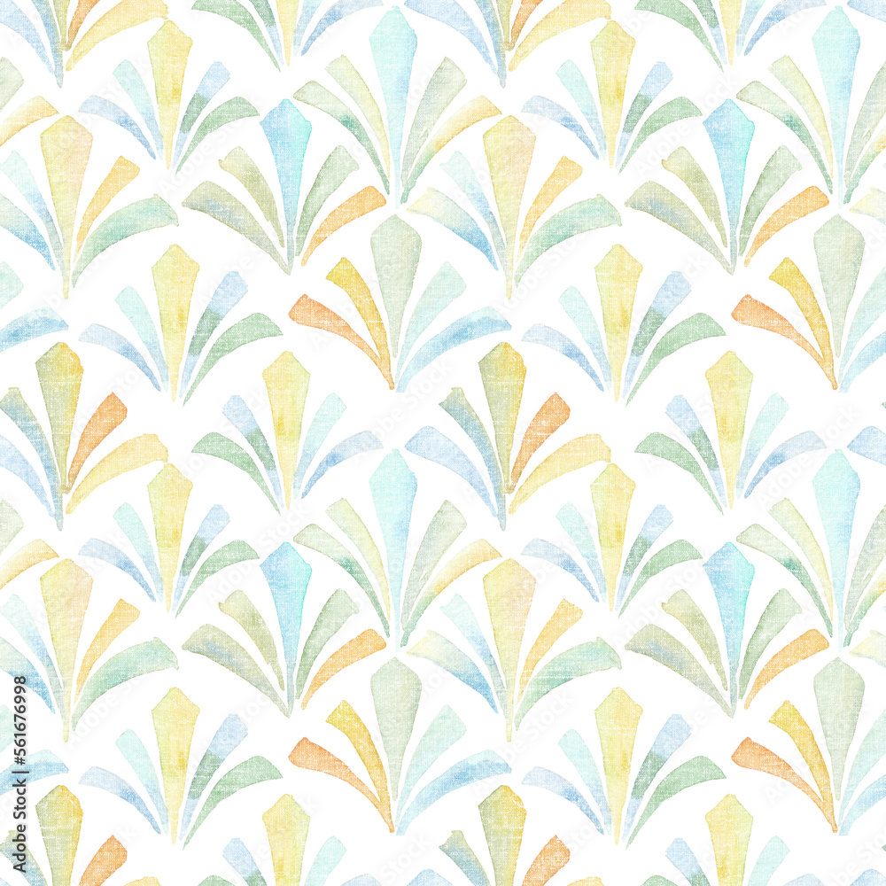 watercolour Art deco floral pattern of geometric shapes in , yellow  with green,blue color ornament, fabric, wallpaper,Vintage minimalistic background. Abstract Luxury Illus