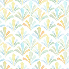 watercolour Art deco floral pattern of geometric shapes in , yellow  with green,blue color...