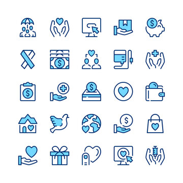 Charity line icons. Blue color. Vector line icons set