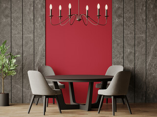 Rich viva magenta 2023 color dining room. Black big round table and gray chairs. Empty burgundy carmine wall blank for art, frame or decor. Modern interior with accents and paint trend. 3d render