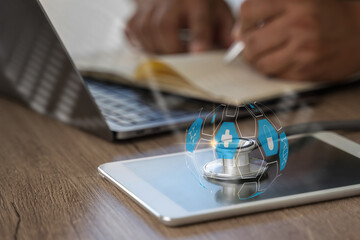 Medical technology network Medicine doctor and stethoscope and modern digital tablet laptop computer