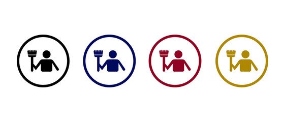 Janitor icon. Sweeper working sign. Person with mop and bucket icon in flat style concept.	