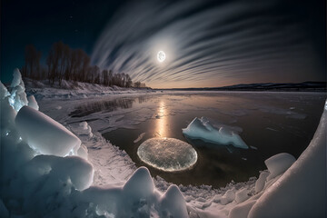 Sparkling transparent ice on a Siberian winter river flooded with moonlight.