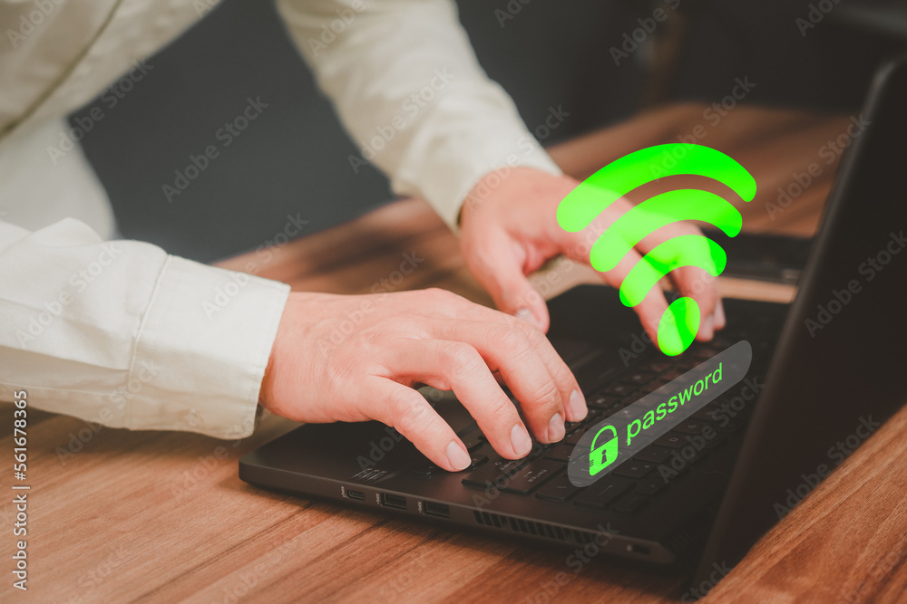 Poster Man using laptop computer to connect to internet wifi and wait for digital information form website to load. Technology concept of waiting to connect to internet Wi-Fi.